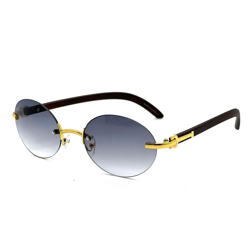 Rimless Sunglasses Oval Lens Gold Accents Fashion Shades Gradient Black Lens New